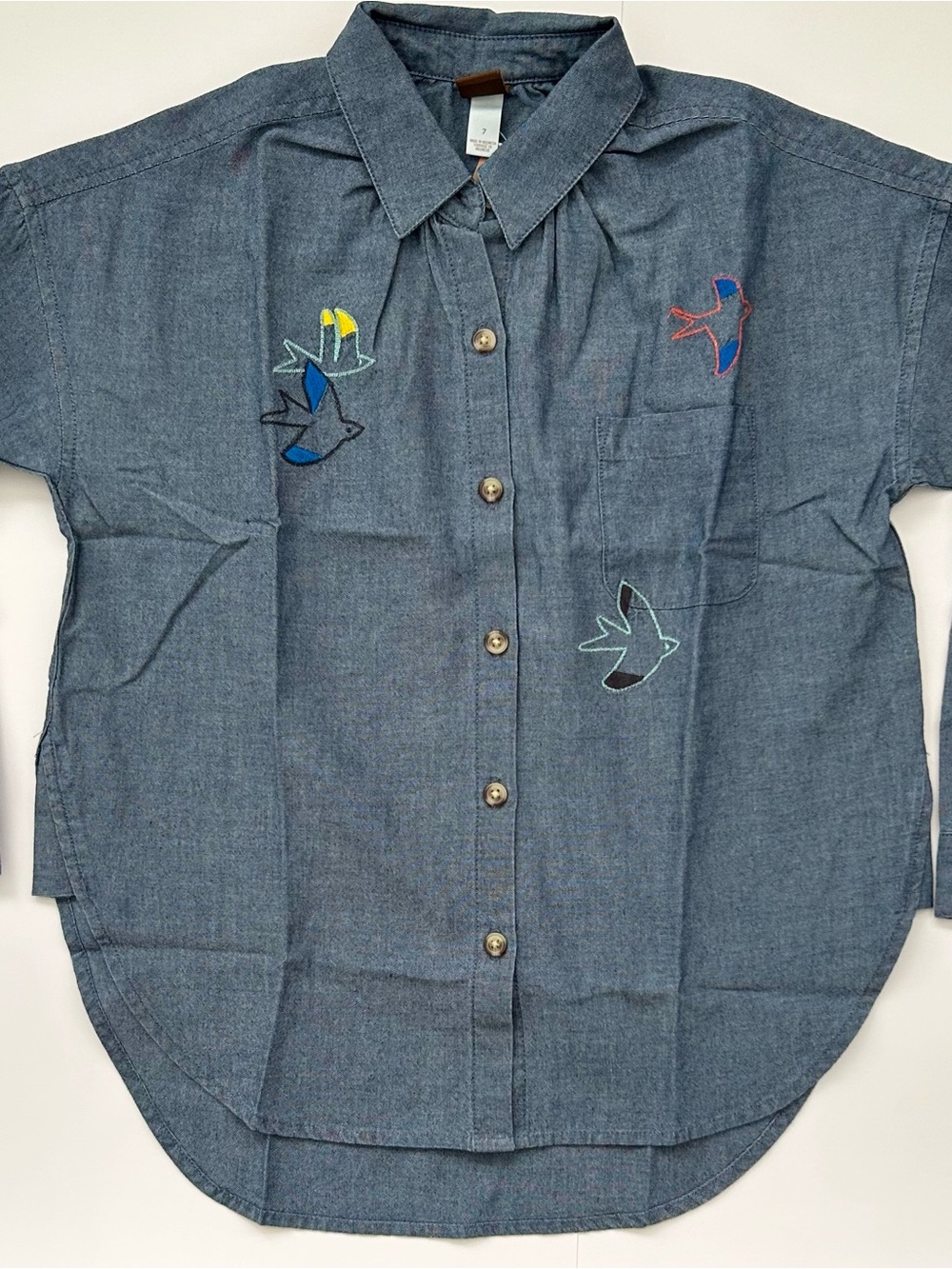 NWT Tea Collection Blue Chambray LS ButtonUp Shirt Embroidered Flying Birds Sz 7